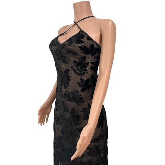 Vintage Morgan Taylor Black Sheer Slip Dress SZ S Velvet Floral By Fantasies - Picture 10 of 16